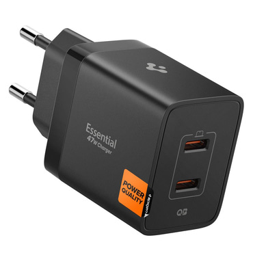 Stenski polnilec 47W, z 2x USB-C vhodom Spigen "ArcStation Essential" in quantom boost tehnologijo - črn