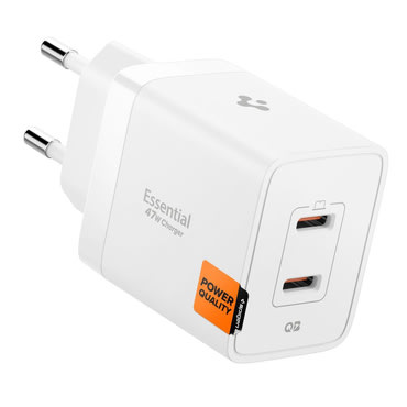 Stenski polnilec 47W, z 2x USB-C vhodom Spigen "ArcStation Essential" in quantom boost tehnologijo - bel