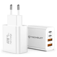 Stenski polnilec Techsuit PowerXQuad CH4 40W - 2x USB-C PD, 2x USB-A - bel