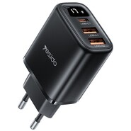 Stenski polnilni adapter z 2x USB-A in 1x USB-C 17W Yesido "YC67" za polnjenje treh naprav - črn