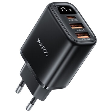 Stenski polnilni adapter z 2x USB-A in 1x USB-C 17W Yesido "YC67" za polnjenje treh naprav - črn