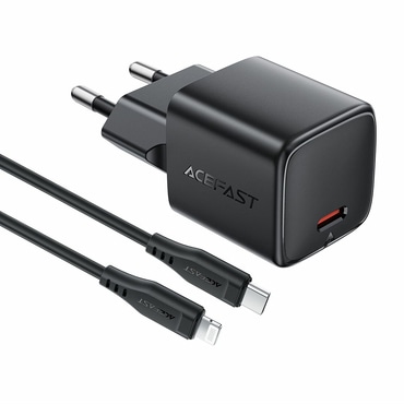 Stenski polnilec Acefast A118 GaN PD30W z USB-C vhodom in priloženim USB-C v Lightning kablom - črn