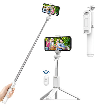 Selfie stick Techsuit "Q01" z Bluetooth daljinskim upravljalnikom in stabilnim stojalom, 101cm - bel