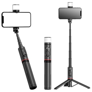 Selfie stick Techsuit "Q12S" s stabilnim stojalom, Bluetooth daljincem in LED lučko 75cm - črn