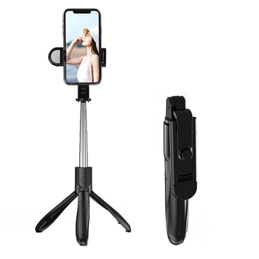Selfie stick Techsuit "S01-S" z Bluetooth daljincem, LED lučko in stojalom, 70cm - črn
