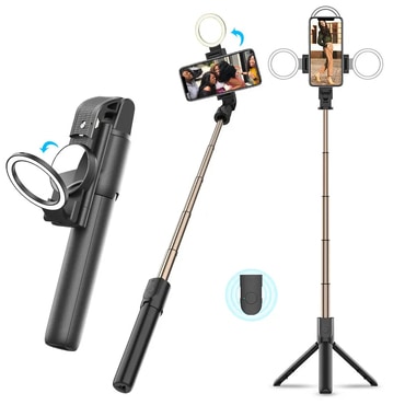 Selfie stick Techsuit "K13" z Bluetooth daljincem, LED lučko in zložljivim stojalom, 84cm - črn