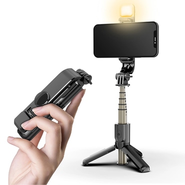 Selfie stick Techsuit "L10s" z Bluetooth daljincem, stabilnim stojalom in LED lučko - črn