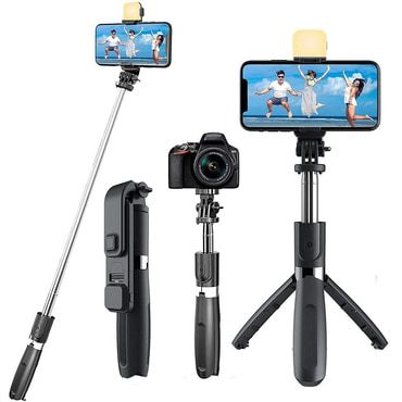 Selfie stick Techsuit "L02s" z Bluetooth daljincem, stabilnim stojalom in LED lučko - črn