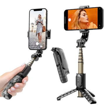 Selfie stick Techsuit "Q10" z Bluetooth daljincem, stabilnim stojalom, LED lučko in 360° rotacijo, 68cm - črn
