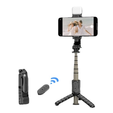Selfie stick Techsuit "Q10s" s stabilnim stojalom, Bluetooth daljincem, LED lučko in 360° rotacijo, 70cm - črn