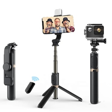 Selfie stick Techsuit "Q03s" z Bluetooth daljincem, stabilnim stojalom in LED lučko - črn