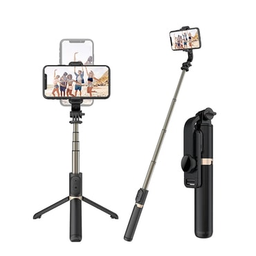 Selfie stick Techsuit "Q03" z Bluetooth daljincem, stabilnim stojalom in 360° rotacijo, 74cm - črn
