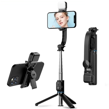 Selfie stick Techsuit "C01s" z zložljivim stabilnim stojalom, Bluetooth daljincem in LED lučko, 107cm - črn