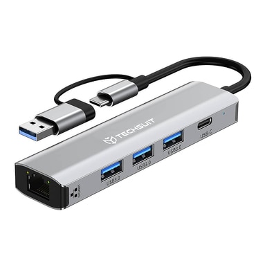 Hub postaja Techsuit "BoostNetLink 5v2 (H3)" USB, USB-C - 3x USB-A, 1x USB-C, Ethernet RJ45, 1000Mbps - gray
