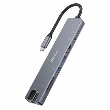 Hub postaja Yesido "HB27 8v1" USB-C - 2x USB-A 3.0, 2x USB-C, 1x HDMI, 1x RJ45, 1x SD, 1x TF, PD100W, 4K pri 30Hz - siva