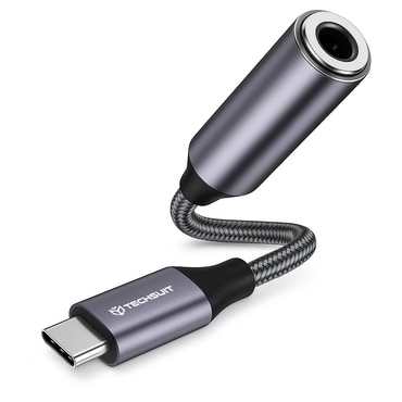USB-C v AUX 3.5mm audio kabel Techsuit "MusicDoX AC8" Hi-Fi zvok, DAC čip, 3A, 0.1m - siv