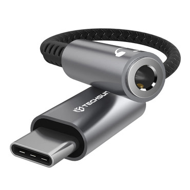 USB-C v AUX 3.5mm audio kabel Techsuit "SonicPiX AC14" 3A, DAC čip, digitalni dekoder, 0.1m - siv