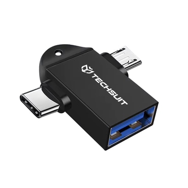 OTG adapter Techsuit "TwoVoltX A16" USB-A v USB-C in Micro-USB 3v1, aluminij - črn