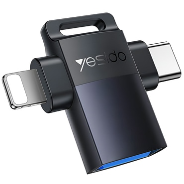 OTG adapter Yesido "GS35" USB-A v USB-C/Lightning aluminijasta zlitina, mini dizajn, 5Gbps - siv