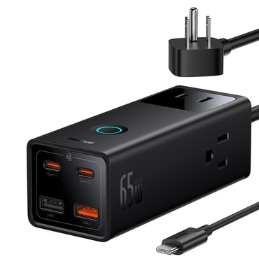 Stenski 65W polnilec Baseus "PowerCombo Digital PowerStrip" 3x AC, 2x USB-A, 2x USB-C z 100W USB-C kablom - black