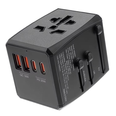 Potovalni adapter Techsuit "HHT904-B2" EU/UK/AUS/US, 2x USB-A + 2x USB-C, PD 20W - črn