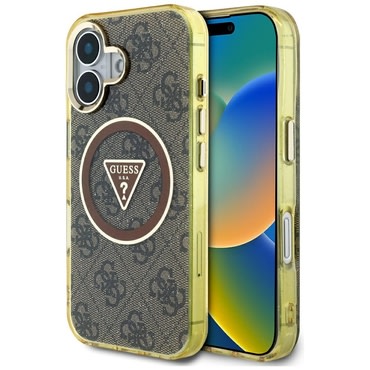 Ovitek Guess "IML Metal Glitter 4G Circle Triangle MagSafe" za iPhone 16 - brown