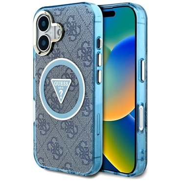 Ovitek Guess "IML Metal Glitter 4G Circle Triangle MagSafe" za iPhone 16 - blue
