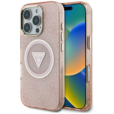 Ovitek Guess "IML Metal Glitter 4G Circle Triangle MagSafe" za iPhone 16 Pro - pink