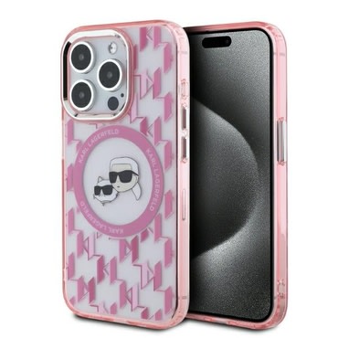 Ovitek Karl Lagerfeld "IML MagSafe" za iPhone 15 Pro - pink monogram karl and choupette head