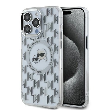 Ovitek Karl Lagerfeld "IML MagSafe" za iPhone 15 Pro - transparent monogram karl and choupette head