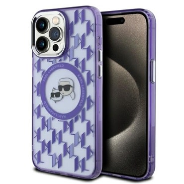 Ovitek Karl Lagerfeld "IML MagSafe" za iPhone 15 Pro - purple monogram karl and choupette head