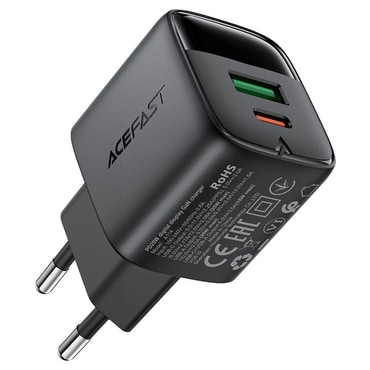 Stenski 25W polnilec Acefast "A114" z digitalnim prikazovalnikom, GaN, 1x USB-A, 1x USB-C - black