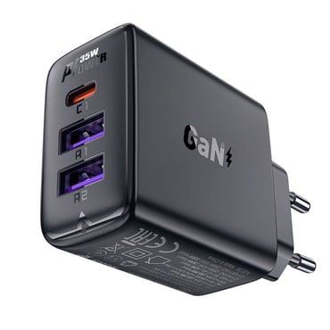 Stenski 35W polnilec Acefast "A57" GaN, 2x USB-A, 1x USB-C - black