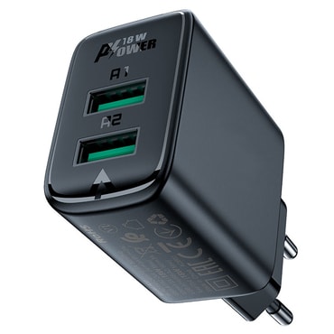 Stenski 18W polnilec Acefast "A33" 2x USB-A - black