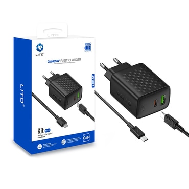 Stenski 65W polnilec Lito "LC24T" USB-C in USB izhod, GaN - black