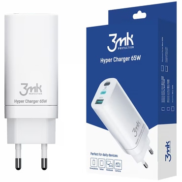 Stenski 65W polnilec 3mk "Hyper" 2x USB-C, 1x USB-A, GaN tehnologija, Quick Charge - white