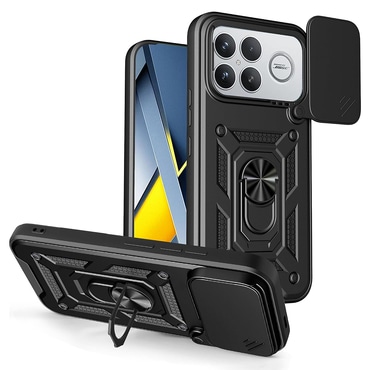 Oklepni ovitek MaX-Armor z obročem, kovinsko ploščico in zaščito zadnjih kamer za Xiaomi Poco F8 Ultra - black