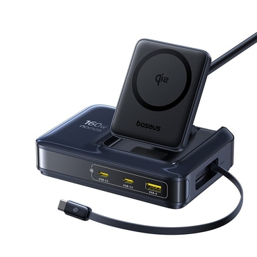 Brezžična 160W polnilna postaja Baseus "Nomos NH21" z izvlečnim kablom, 3x USB-C, Qi2 - cosmic black