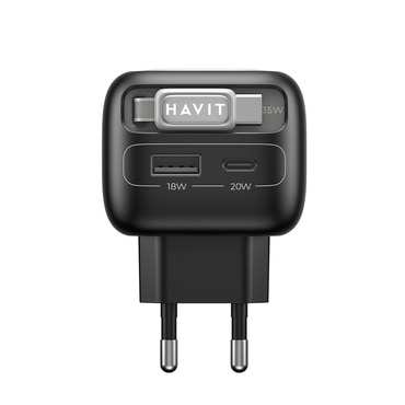 Stenski 35W polnilec Havit "UC251 EU" z izvlečnim USB-C kablom, 2x USB-C, USB, GaN - gray