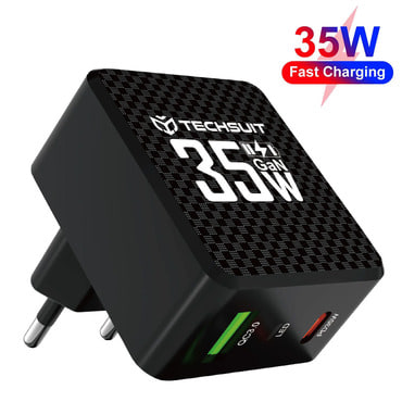 Stenski 35W polnilec Techsuit "Tiny Series CHPD173" GaN, USB-C, LED prikazovalnik - črn