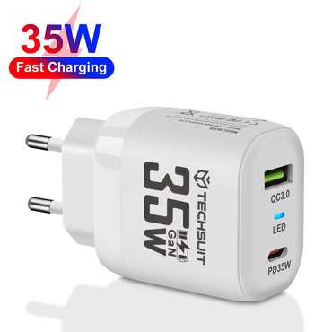 Stenski 35W polnilec Techsuit "CHPD174" GaN, USB QC3.0, USB-C PD - bel