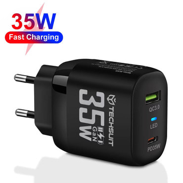 Stenski 35W polnilec Techsuit "CHPD174" GaN, USB QC3.0, USB-C PD - črn
