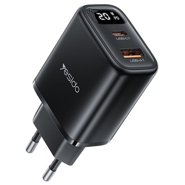 Stenski 20W polnilec Yesido "YC68" z digitalnim prikazovalnikom, PD in QC3.0 - črn