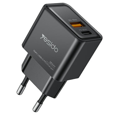Stenski 30W polnilec Yesido "YC64" 2x USB-C in USB-A, GaN tehnologija - črn