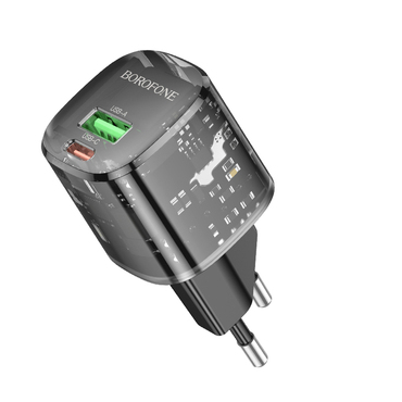 Stenski 20W polnilec Borofone "Sunlight BN17" 2x USB-C Plus USB-A, PD20W, QC3.0 - črn