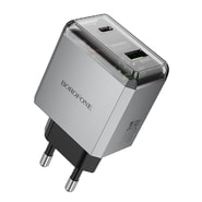 Stenski 35W polnilec Borofone "Lena BN20" 2x USB-C Plus USB-A, PD, QC3.0 - metal siv