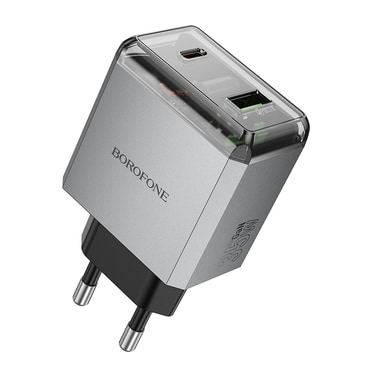 Stenski 35W polnilec Borofone "Lena BN20" 2x USB-C Plus USB-A, PD, QC3.0 - metal siv