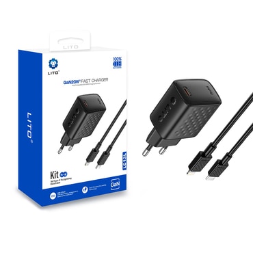 Stenski 20W polnilec Lito "LC13L" GaN z Lightning kablom - black