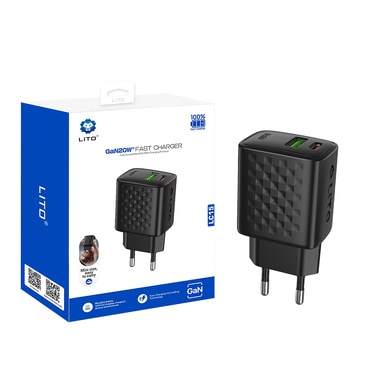 Stenski 20W polnilec Lito "LC15" GaN, USB-C in USB izhod - black