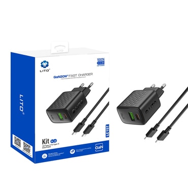 Stenski 20W polnilec Lito "LC15T" GaN, USB in USB-C - black